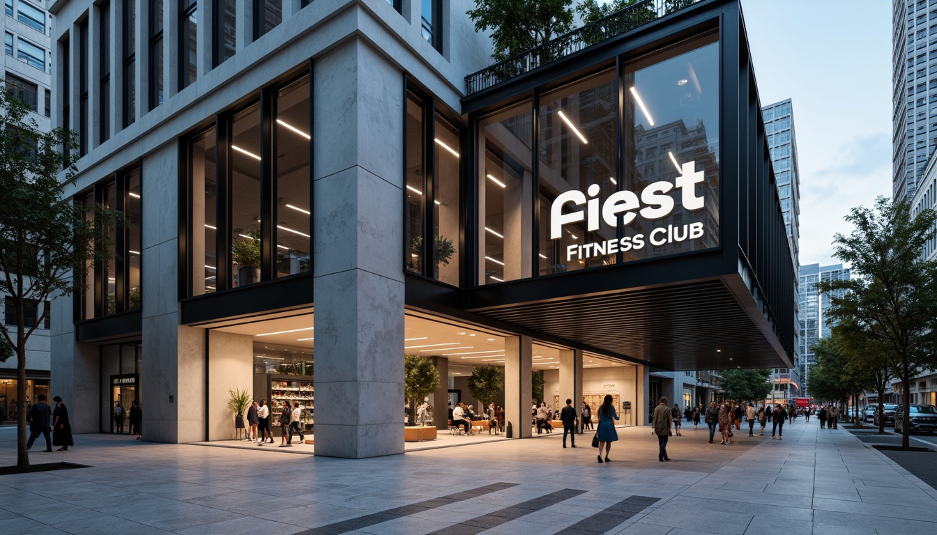 Prompt: Minimalist fitness club facade, sleek metal frames, large glass windows, neutral color palette, industrial-chic aesthetic, urban cityscape, bustling streets, modern skyscrapers, concrete walls, steel beams, polished floors, mirrored surfaces, futuristic lighting systems, dynamic LED displays, bold typography, geometric patterns, monochromatic colors, angular lines, clean minimalism, functional design, high-contrast photography, shallow depth of field, 2/3 composition, realistic textures, ambient occlusion.