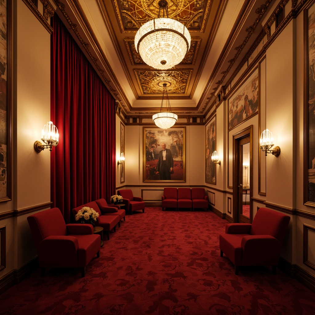 Prompt: Elegant cinema, luxurious velvet curtains, ornate golden details, rich wood paneling, soft cream-colored walls, plush red carpeting, intricate moldings, crystal chandeliers, comfortable seating areas, ambient warm lighting, shallow depth of field, 1/1 composition, cinematic color palette, realistic textures, subtle grain effect.