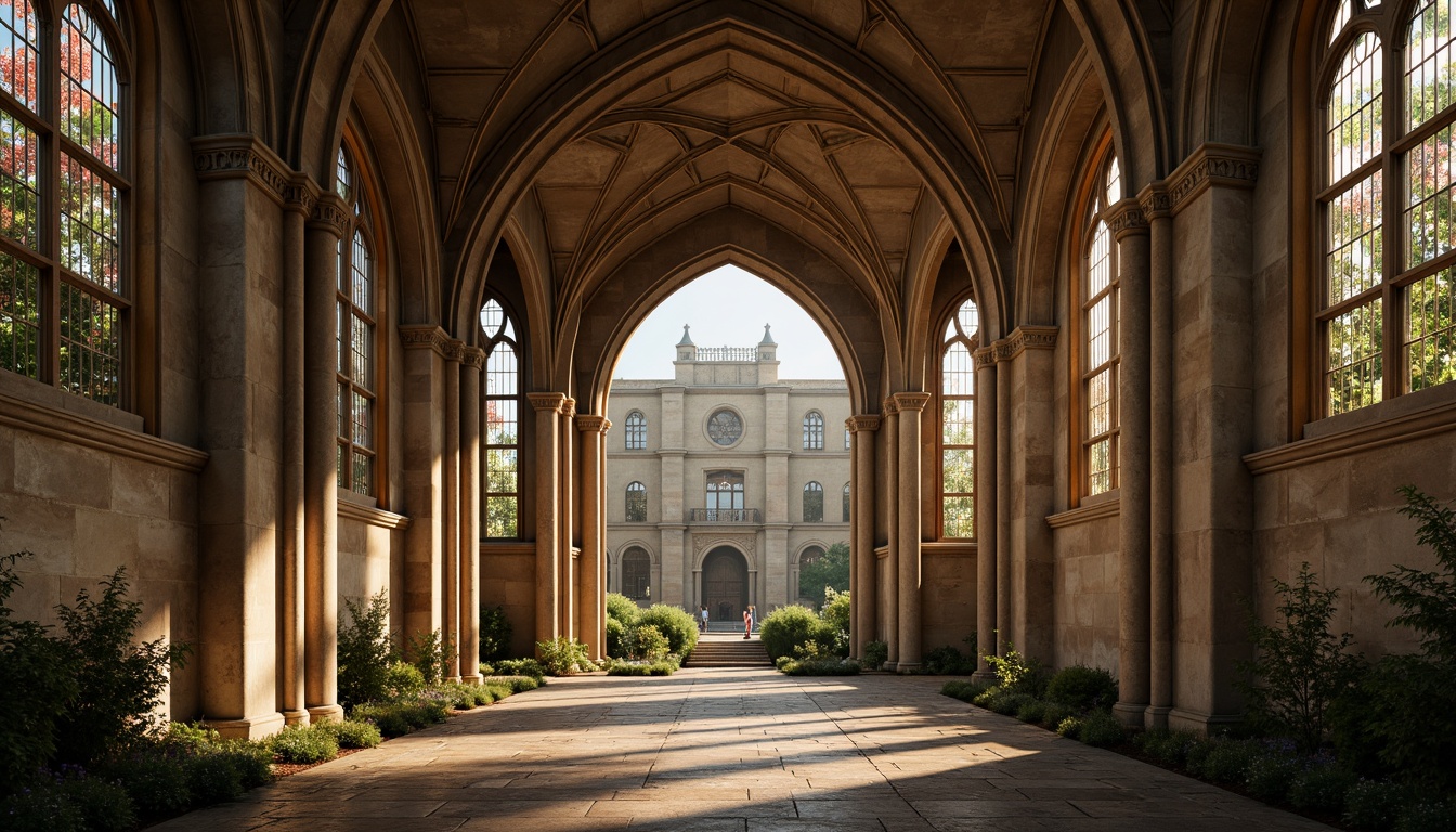 Prompt: Ancient university campus, Gothic architecture, weathered stone walls, pointed arches, ribbed vaults, stained glass windows, ornate carvings, mystical ambiance, rich earth tones, muted greens, rustic reds, warm beige, soft golden lighting, dramatic shadows, high contrast ratio, 1/2 composition, symmetrical framing, realistic textures, ambient occlusion.