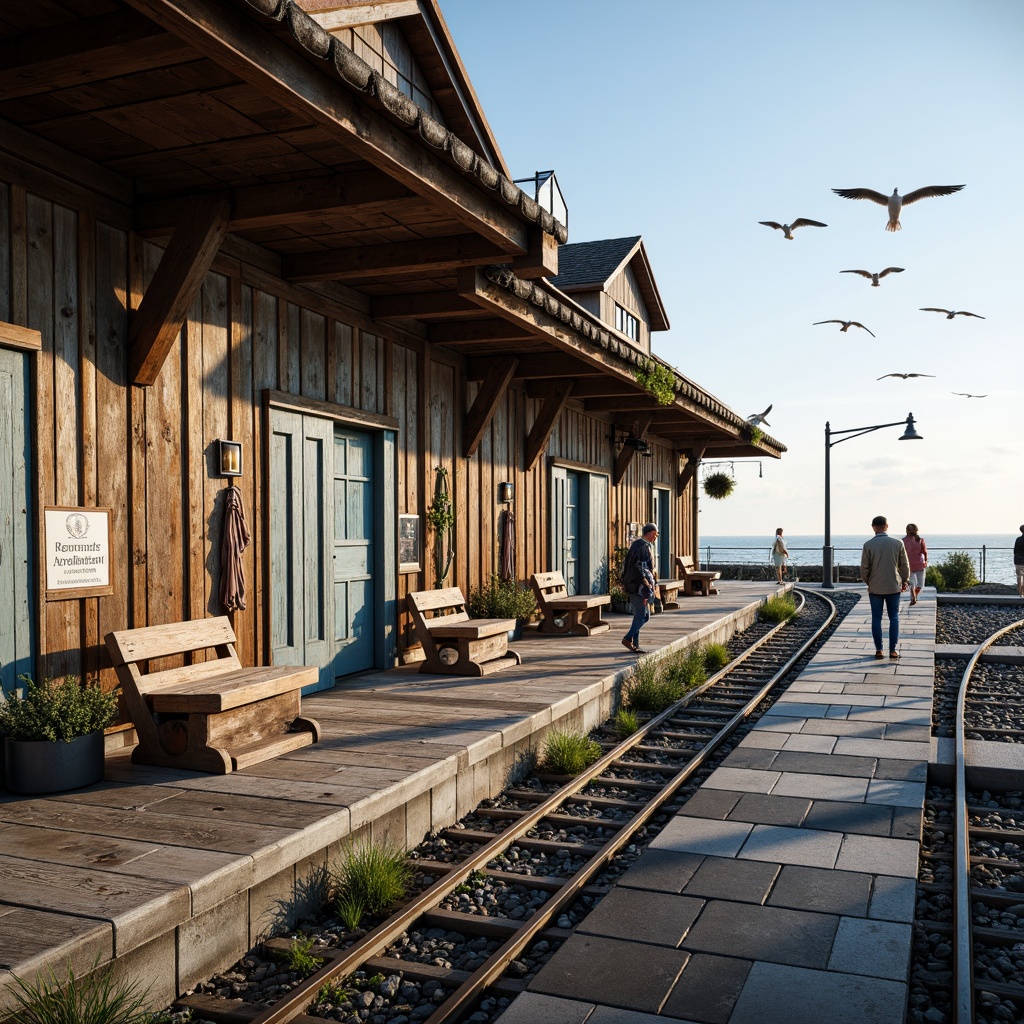 Prompt: \Rustic coastal train station, weathered wooden planks, distressed metal accents, ocean-inspired color palette, nautical ropes, vintage lanterns, curved rail tracks, seaside promenade, salty air, seagulls flying overhead, warm sunlight, soft focus, shallow depth of field, 1/2 composition, symmetrical framing, realistic textures, ambient occlusion.\