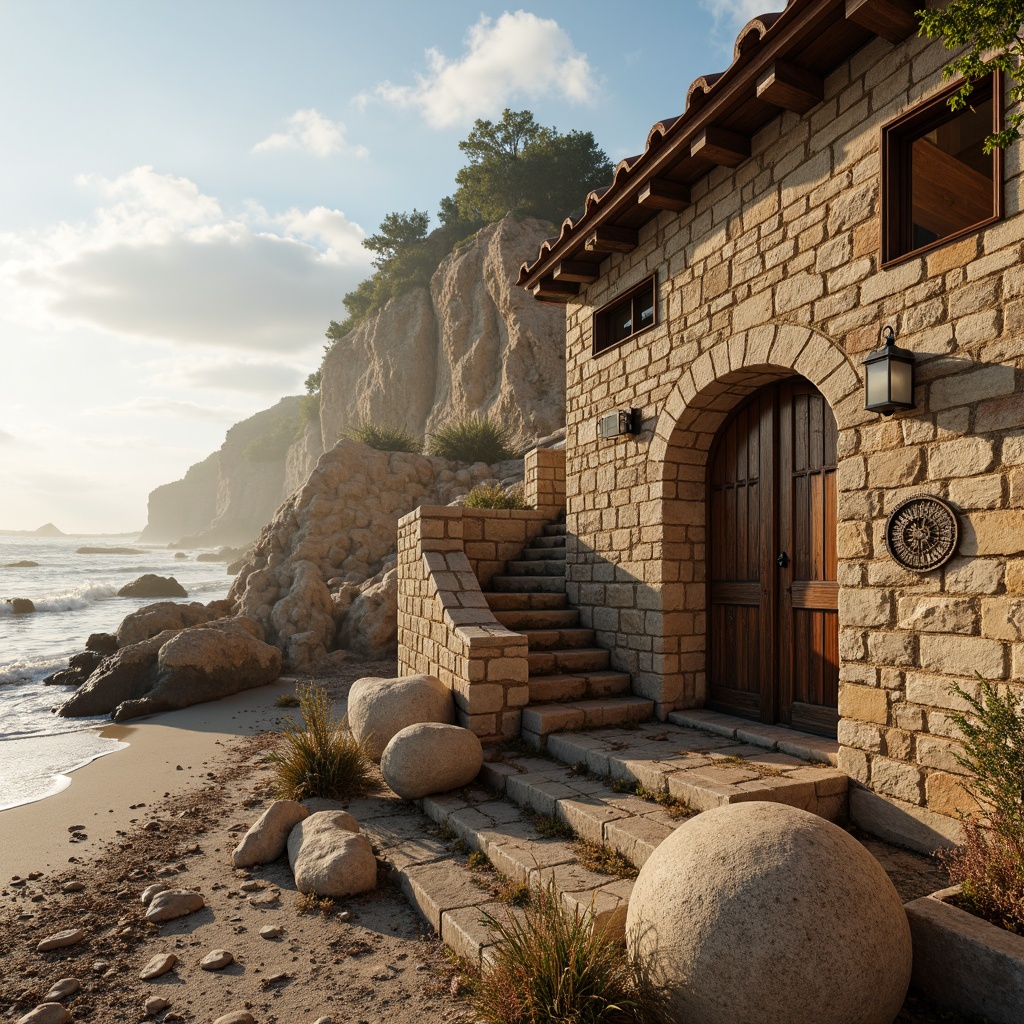 Prompt: Rustic coastal buildings, weathered stone walls, rough-hewn granite blocks, sandy beachside, crashing waves, salty sea air, dramatic cliffside scenery, sturdy masonry construction, natural stonework, earthy tones, textured finishes, curved archways, ornate detailing, nautical-themed accents, distressed wood doors, heavy metal hardware, ocean-inspired color palette, warm golden lighting, misty atmospheric effects, 1/2 composition, symmetrical framing, high dynamic range.