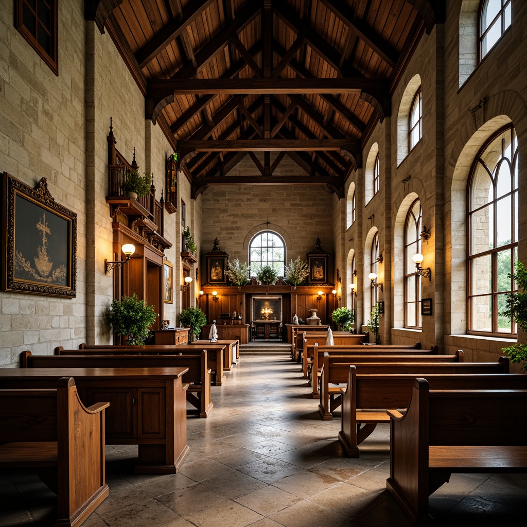 Prompt: Rustic stone walls, wooden beam ceilings, stained glass windows, ornate pulpits, intricately carved pews, vaulted arches, grandiose altars, serene ambiance, natural lighting, soft warm tones, earthy color palette, traditional vernacular architecture, symmetrical fa\u00e7ade, imposing entrance doors, quaint bell towers, lush green surroundings, peaceful atmosphere, shallow depth of field, 1/1 composition, realistic textures, ambient occlusion.