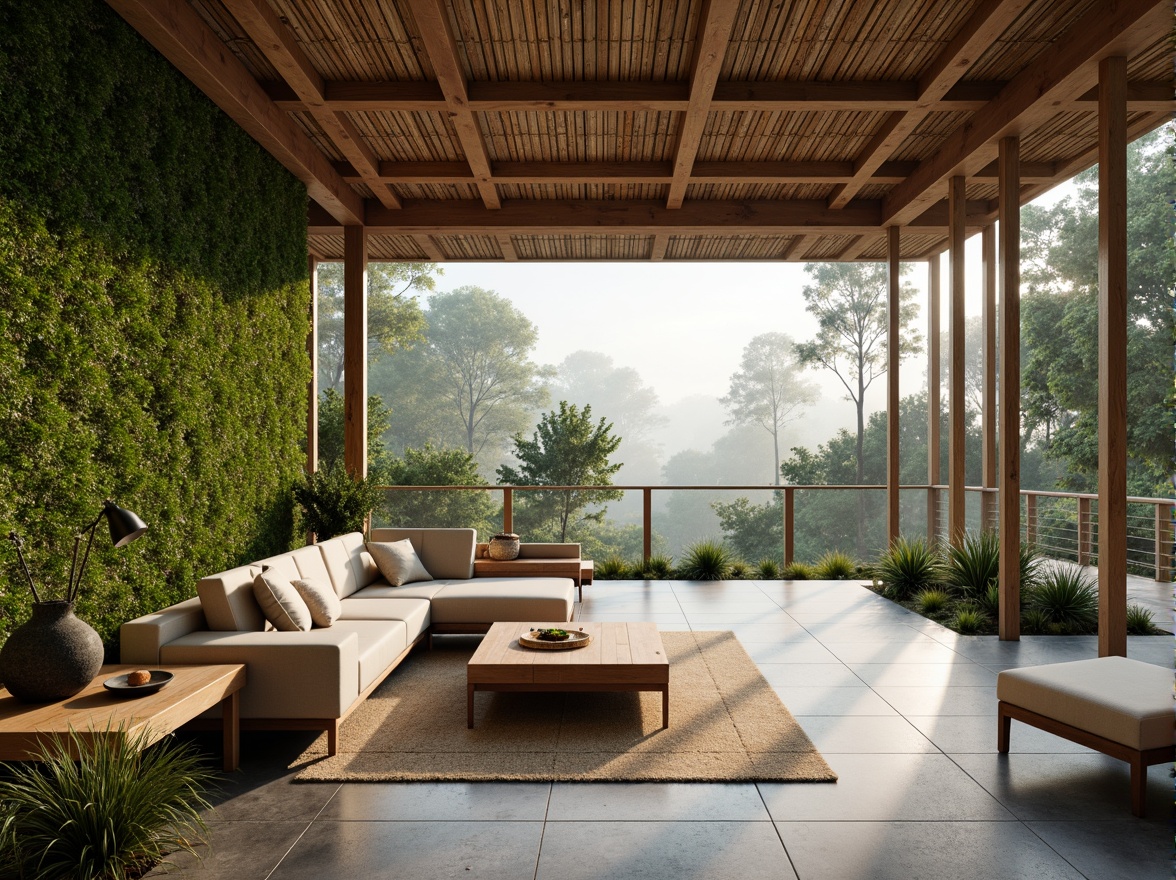 Prompt: Organic modern villa, reclaimed wood accents, living green walls, natural stone flooring, bamboo ceilings, earthy tone color palette, minimalist decor, floor-to-ceiling windows, sliding glass doors, panoramic views, serene forest surroundings, misty morning atmosphere, soft diffused lighting, 1/1 composition, realistic textures, ambient occlusion.