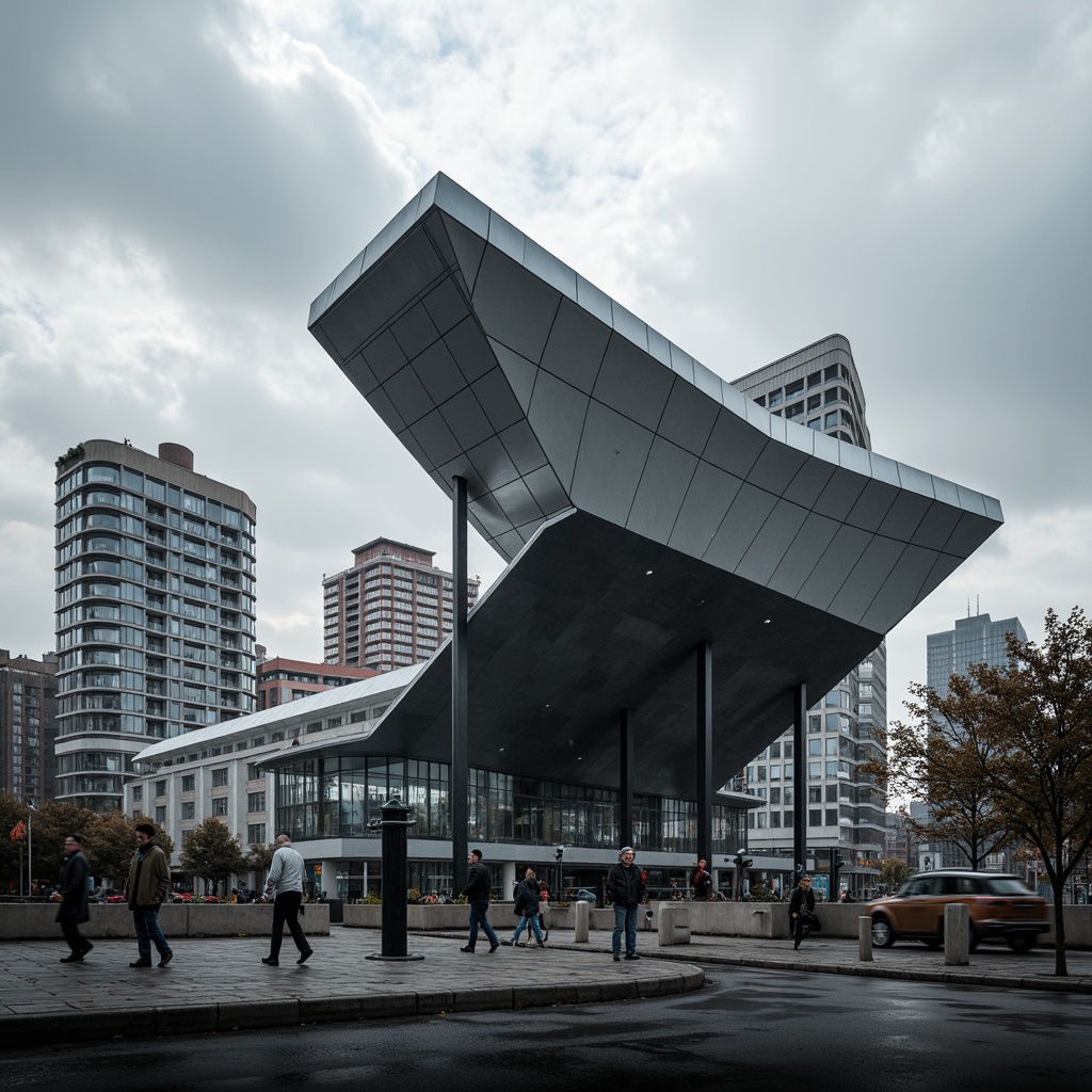 Prompt: Unique roofline silhouette, modern asymmetrical design, bold angular lines, sleek metallic materials, reflective glass accents, cantilevered overhangs, minimalist support columns, industrial chic aesthetic, urban cityscape background, cloudy grey sky, dramatic shadows, high-contrast lighting, 1/1 composition, realistic reflections, ambient occlusion.