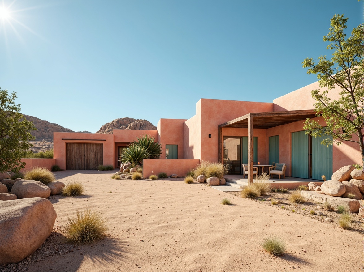 Prompt: Earthy desert dwellings, sandy beige walls, rustic stone foundations, turquoise accents, warm terracotta roofs, natural adobe textures, Southwestern-inspired patterns, vibrant coral hues, soft sagebrush greenery, clear blue skies, warm sunny days, low-lying shrubs, minimal modern architecture, sleek steel frames, reclaimed wood details, ambient occlusion, shallow depth of field, 3/4 composition, realistic rock formations.