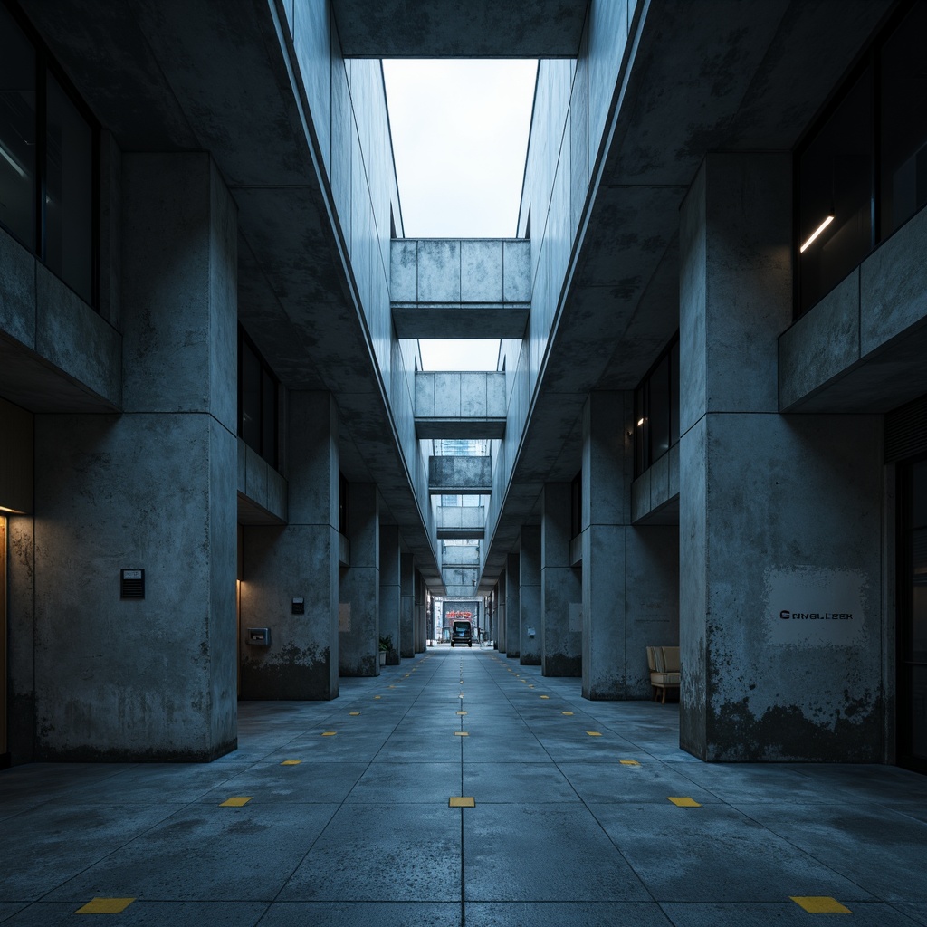 Prompt: Raw concrete textures, dramatic shadows, harsh overhead lighting, industrial metal fixtures, exposed ductwork, minimalist aesthetic, functional simplicity, cold blue tones, stark contrast, geometric shapes, brutalist fa\u00e7ade, fortress-like structures, urban cityscape, overcast skies, diffused natural light, high-contrast ratio, deep shadows, cinematic atmosphere, low-key lighting, architectural photography, symmetrical composition.