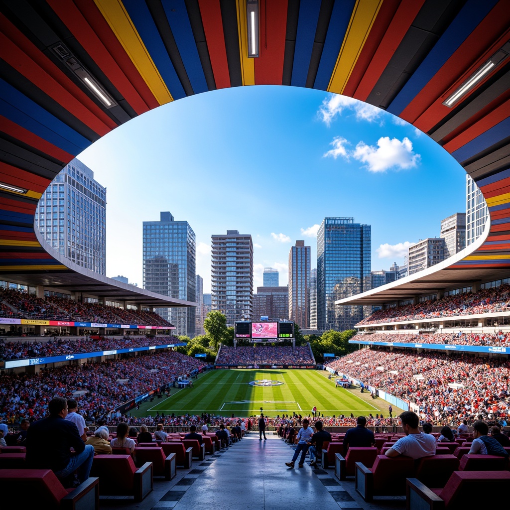 Prompt: Vibrant stadium architecture, bold color scheme, dynamic lighting effects, electric atmosphere, energetic crowd, sports-themed decorations, neon signage, modern scoreboard displays, sleek metal seating, polished concrete flooring, urban cityscape backdrop, clear blue sky, sunny day, dramatic shadowing, high-contrast imagery, cinematic composition, 1/2 camera angle, realistic textures, ambient occlusion.