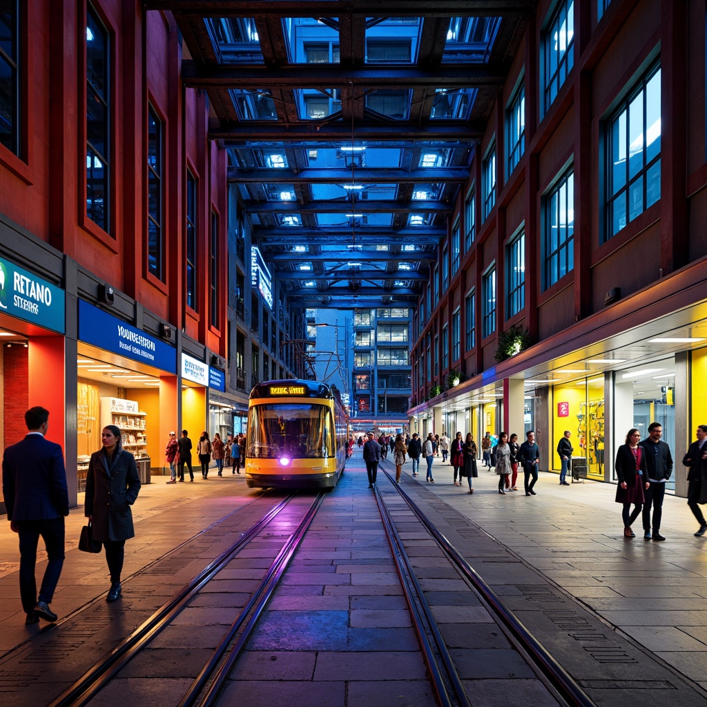 Prompt: Vibrant tram station, industrial steel structures, urban cityscape, busy pedestrian traffic, modern LED lighting, bold color scheme, dynamic visual identity, energetic atmosphere, youthful vibe, contrasting hues, bright accent walls, dark concrete floors, sleek metallic accents, futuristic ambiance, high-contrast signage, dynamic wayfinding system, 24/7 operational lighting, moody evening illumination, cinematic mood, abstract geometric patterns.