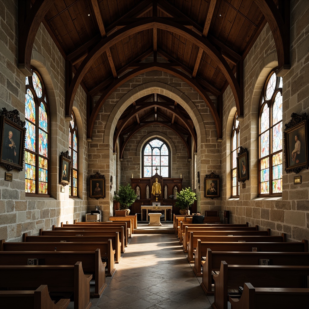 Prompt: Rustic stone walls, wooden beams, stained glass windows, vaulted ceilings, ornate altarpieces, intricate frescoes, dimly lit nave, grandiose entrance, symmetrical fa\u00e7ade, traditional bell tower, weathered copper roofing, lush greenery surroundings, peaceful cemetery, serene natural light, soft warm ambiance, shallow depth of field, 1/1 composition, realistic textures, ambient occlusion.