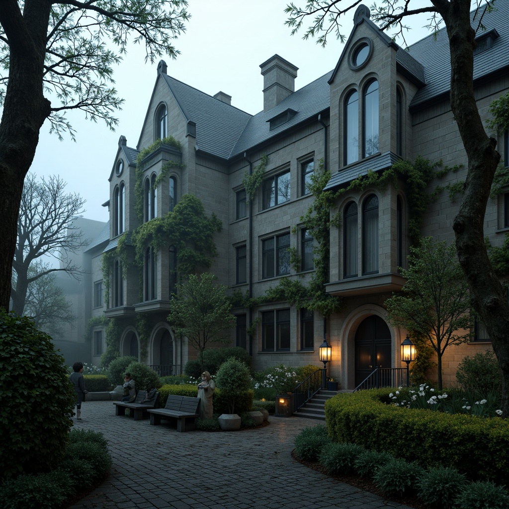 Prompt: Mysterious Gothic office building, overgrown ivy, twisted tree branches, dark stone walls, arched windows, pointed towers, intricate stonework, moss-covered statues, eerie foggy atmosphere, dramatic shadow lighting, narrow pathways, ancient trees, weathered benches, ornate iron fences, mystical lanterns, misty morning dew, high contrast, 1/2 composition, cinematic view, detailed textures, ambient occlusion.