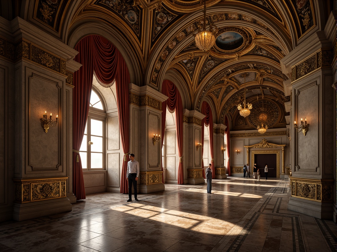 Prompt: Ornate palace, grandiose fa\u00e7ade, intricately carved stone walls, gilded details, ornamental frescoes, sweeping arches, majestic columns, luxurious velvet drapes, golden chandeliers, marble floors, reflective mirrors, dramatic lighting, high contrast shadows, warm color palette, 1/2 composition, low angle shot, cinematic mood, atmospheric perspective.