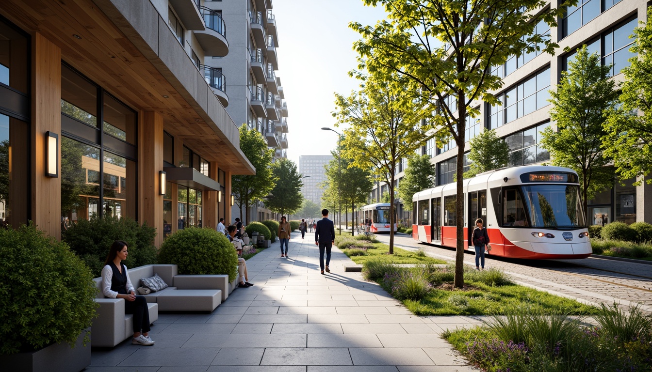 Prompt: Vibrant tram station, lush greenery integration, natural stone walls, wooden accents, curved lines, modern architecture, large glass roofs, abundant daylight, comfortable seating areas, urban landscape views, bustling city atmosphere, morning commuters, soft warm lighting, shallow depth of field, 3/4 composition, panoramic view, realistic textures, ambient occlusion.