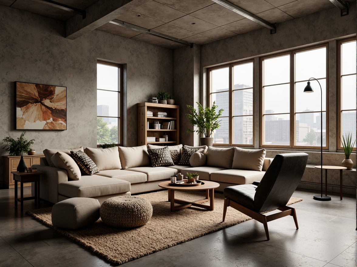 Prompt: Cozy living room, sectional sofas, wooden coffee tables, plush area rugs, modern accent chairs, floor-to-ceiling windows, natural light, soft warm tones, textured throw blankets, geometric patterned pillows, minimalist decor, functional shelving units, sleek metal lighting fixtures, urban loft atmosphere, concrete floors, industrial chic aesthetic, atmospheric ambient lighting, shallow depth of field, 3/4 composition, realistic textures, ambient occlusion.