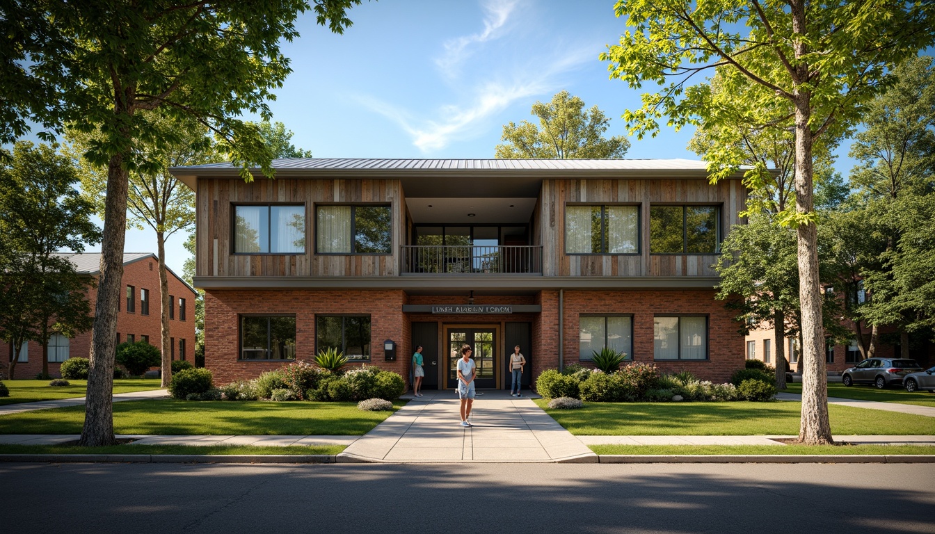 Prompt: Rustic high school building, earthy tone brick fa\u00e7ade, weathered wooden accents, corrugated metal roofing, industrial-style windows, durable concrete foundation, lush greenery surroundings, mature trees shading, sunny afternoon lighting, soft focus effect, 1/1 composition, realistic textures, ambient occlusion.