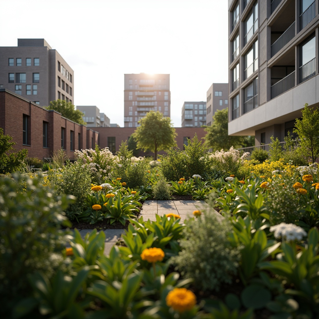 Prompt: Urban rooftop garden, lush green vegetation, blooming flowers, modern architectural design, sustainable building materials, eco-friendly roofs, rainwater harvesting systems, solar panels, wind turbines, energy-efficient buildings, natural insulation, improved air quality, reduced urban heat island effect, increased biodiversity, habitats for wildlife, serene atmosphere, warm natural lighting, shallow depth of field, 3/4 composition, panoramic view, realistic textures, ambient occlusion.