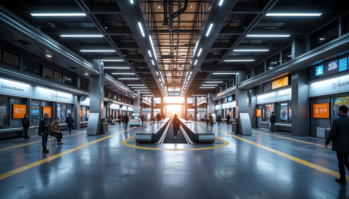 Prompt: Futuristic metro station, sleek modern architecture, advanced lighting systems, LED strips, neon accents, high-ceilinged platforms, stainless steel beams, polished marble floors, futuristic escalators, electronic displays, dynamic signage, real-time information systems, ambient occlusion, soft warm glow, atmospheric misting effects, shallow depth of field, 1/1 composition, symmetrical framing, vibrant color grading, high-contrast ratio, realistic reflections.