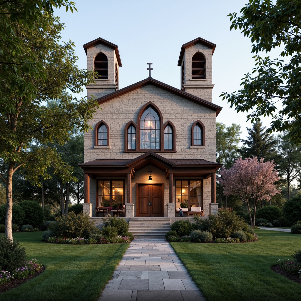 Prompt: Suburban church, rustic stone facade, stained glass windows, wooden doorways, bell towers, crosses, serene surroundings, lush greenery, blooming flowers, tranquil atmosphere, natural stone pathways, subtle lighting, soft warm glow, 1/1 composition, realistic textures, ambient occlusion, peaceful ambiance.