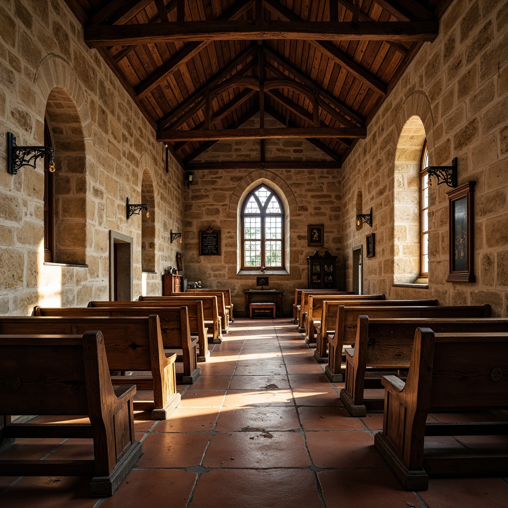 Prompt: Rustic vernacular church, natural stone walls, wooden beam ceilings, earthy terracotta floors, stained glass windows, ornate metalwork, distressed wood accents, vintage pews, candlelit ambiance, soft warm lighting, shallow depth of field, 1/1 composition, realistic textures, ambient occlusion.