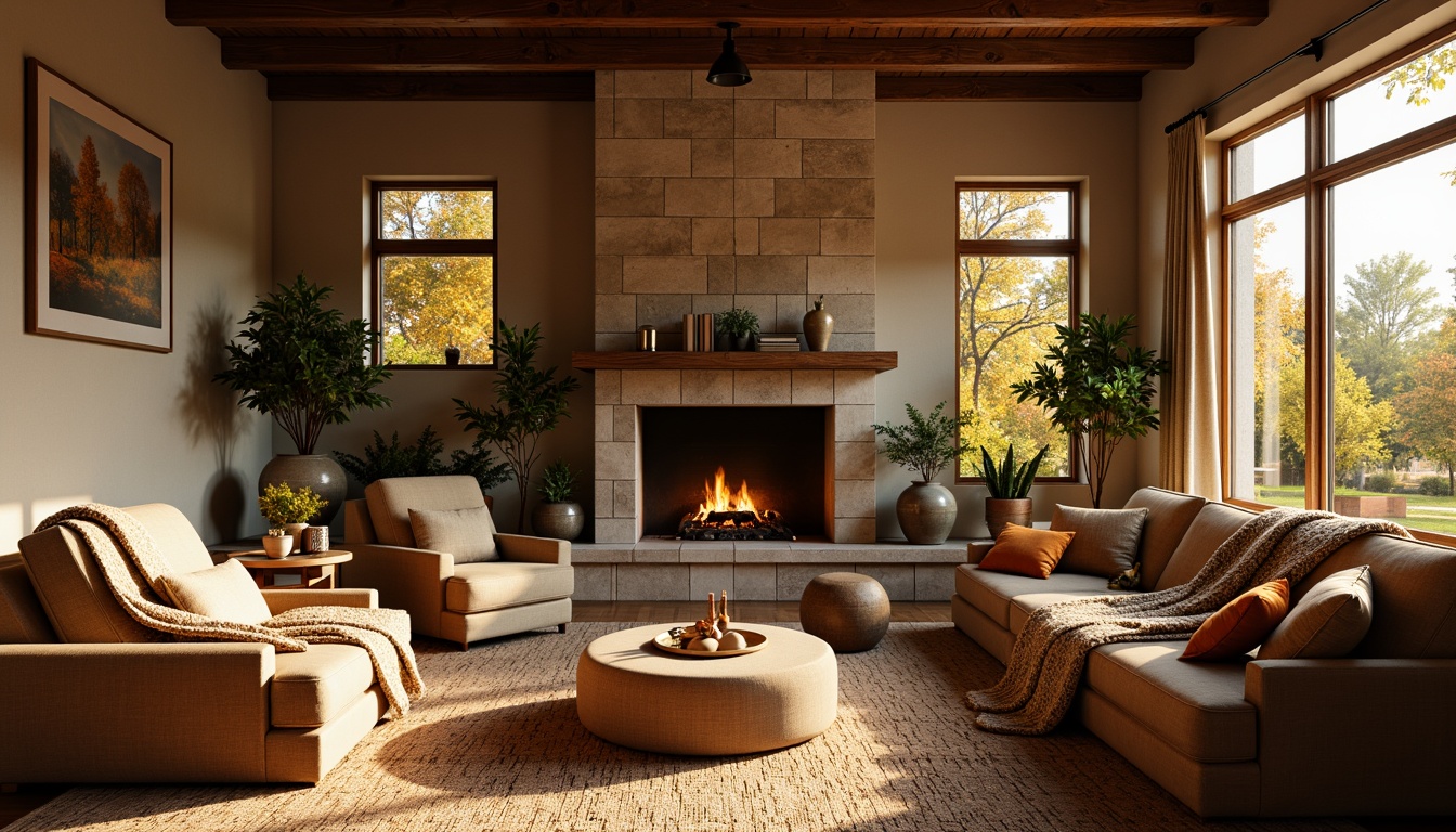 Prompt: Cozy living room, warm earthy tones, rich wooden furniture, plush throw blankets, soft velvet sofas, golden lighting, crackling fireplace, natural stone walls, woven rugs, autumnal leaves, warm beige colors, inviting atmosphere, comforting ambiance, relaxed seating areas, oversized windows, lush greenery views, soft morning sunlight, gentle shadows, 2/3 composition, intimate focal point, realistic textures, subtle color gradations.