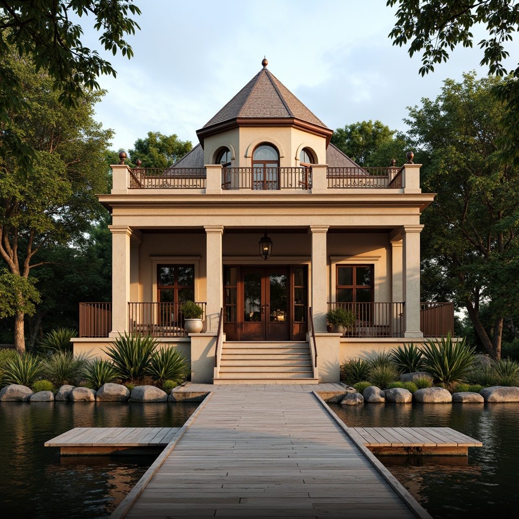 Prompt: Elegant boathouse, neoclassical architecture, rustic wooden docks, serene lake surroundings, lush greenery, water reflections, grandiose entrance, ornate metal railings, symmetrical facade, balanced composition, earthy color palette, natural stone walls, steeply pitched roof, terra cotta tiles, classical pediments, decorative cornices, subtle texture variations, warm golden lighting, shallow depth of field, 2/3 composition, atmospheric perspective.