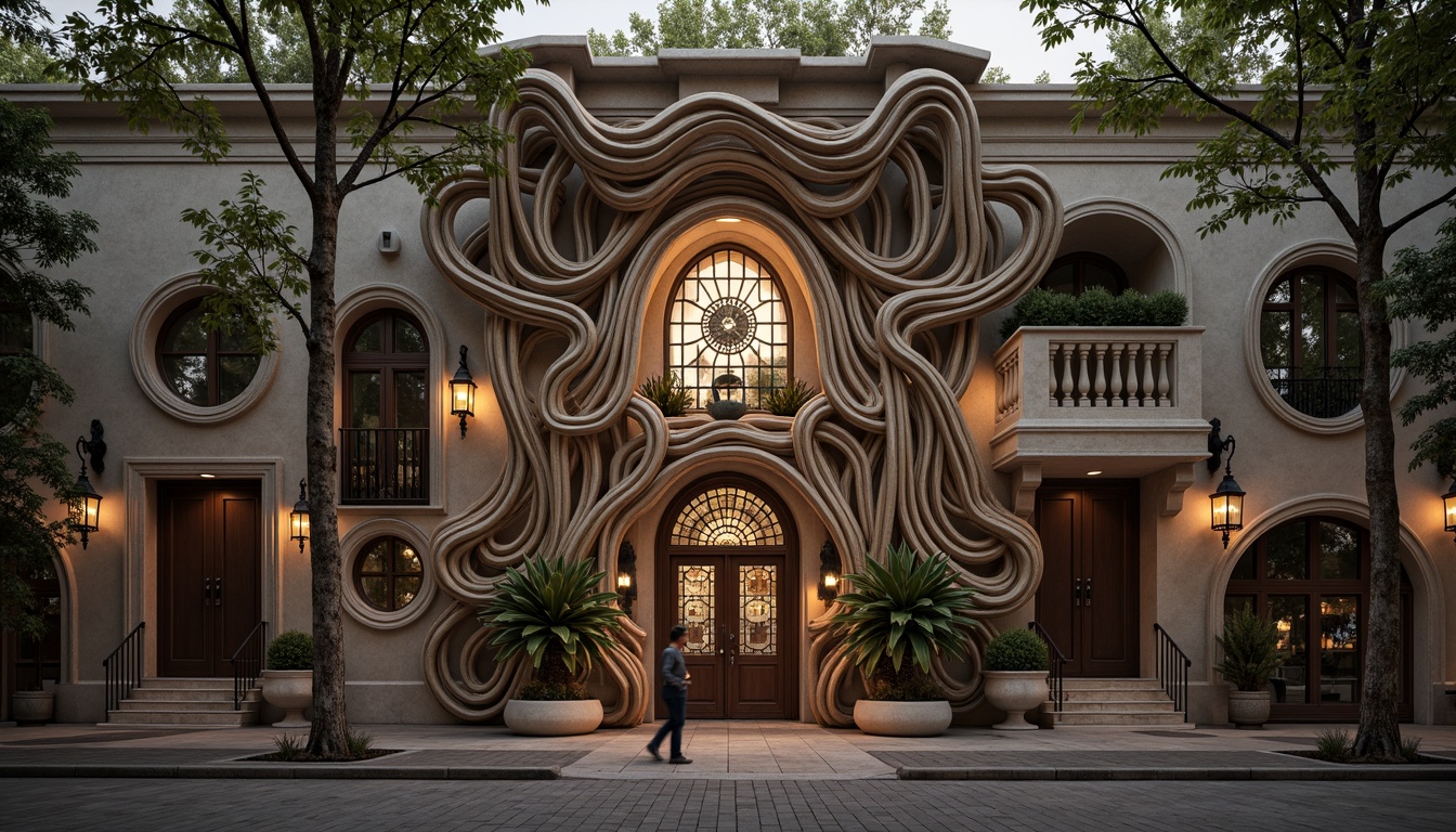 Prompt: Intricate ornate facade, flowing organic lines, sinuous curves, grand entrance archways, decorative metalwork, stained glass windows, asymmetrical composition, natural stone cladding, floral motifs, wrought iron balconies, elegant lanterns, soft warm lighting, misty morning atmosphere, shallow depth of field, 1/1 composition, ornate details, rich textures, atmospheric perspective.