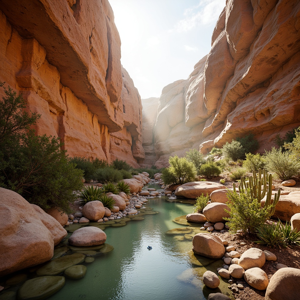 Prompt: Earthy canyon landscape, rustic rock formations, warm beige sandstone, turquoise water pools, lush green cacti, vibrant orange-red rock accents, misty morning atmosphere, soft natural lighting, shallow depth of field, 1/2 composition, cinematic view, realistic textures, ambient occlusion.