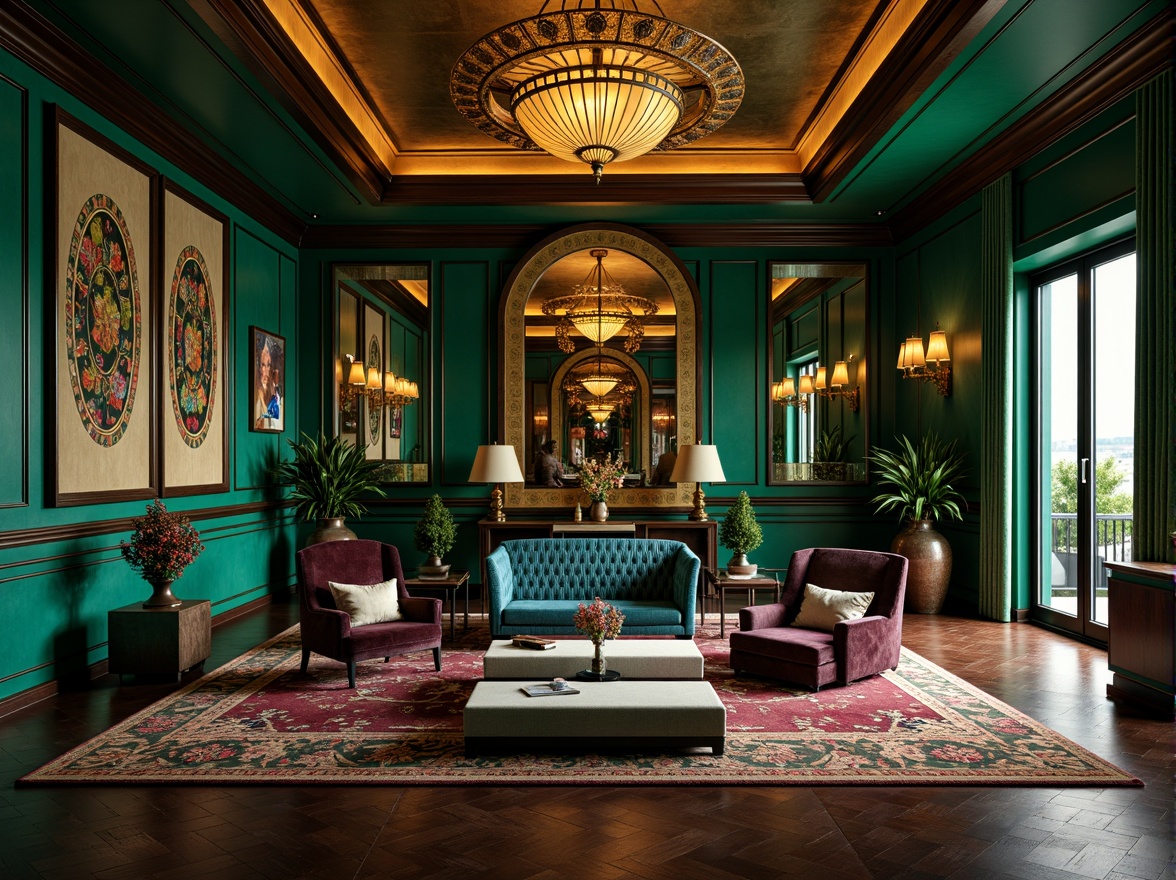 Prompt: Luxurious Art Deco interior, opulent jewel-toned colors, emerald green walls, sapphire blue accents, amber gold fixtures, rich velvet upholstery, geometric patterned rugs, metallic bronze details, ornate mirrors, lavish chandeliers, sunburst motifs, bold black outlines, glamorous metallic sheen, high-contrast lighting, dramatic shadows, 1920s-inspired decor, lavish ornamentation, intricate inlays, luxurious materials, sophisticated ambiance, warm golden glow.