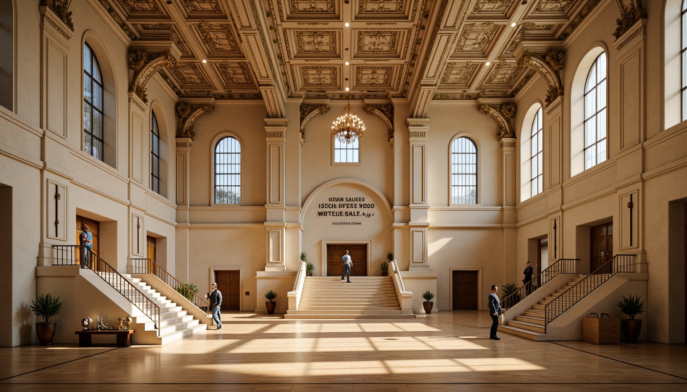 Prompt: Grandiose gymnasium, ornate facades, intricately carved stone walls, majestic entrance archways, sweeping staircases, polished wooden floors, athletic trophies, motivational quotes, elegant chandeliers, cream-colored walls, richly textured carpets, imposing columns, vaulted ceilings, dramatic spotlights, 3/4 composition, shallow depth of field, realistic textures, ambient occlusion.