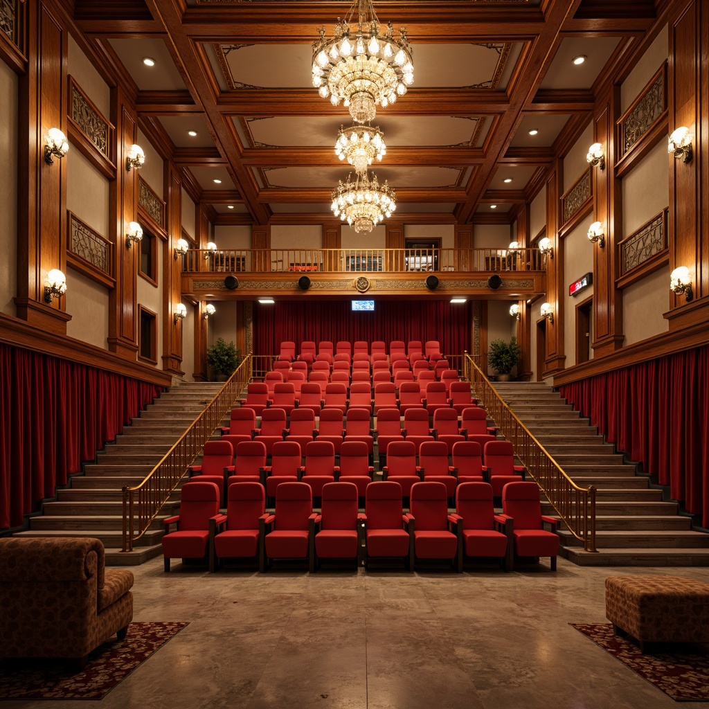 Prompt: Vibrant academic cinema, rich wood accents, bold red seats, golden lighting sconces, polished marble floors, sleek metal railings, dramatic spotlights, cinematic screens, comfortable velvet curtains, ornate plaster ceilings, grand staircases, elegant chandeliers, warm beige walls, subtle film-inspired patterns, softbox lights, 1/1 composition, shallow depth of field, realistic textures, ambient occlusion.