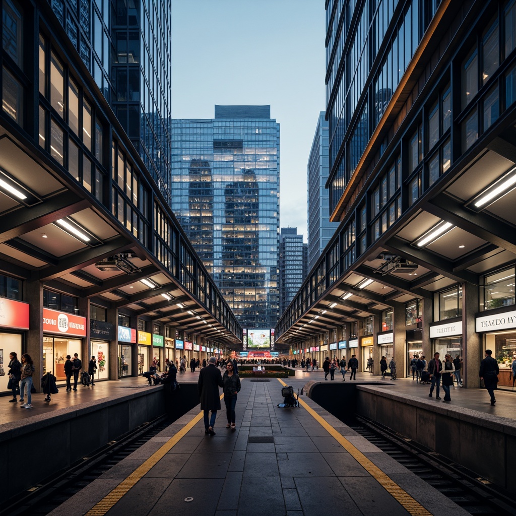 Prompt: Futuristic metro station, dynamic LED lighting, sleek metal fa\u00e7ades, angular glass canopies, modern minimalist architecture, high-tech materials, stainless steel columns, vibrant neon signs, urban cityscape, bustling streets, morning rush hour, soft warm glow, shallow depth of field, 1/2 composition, symmetrical framing, realistic reflections, ambient occlusion.