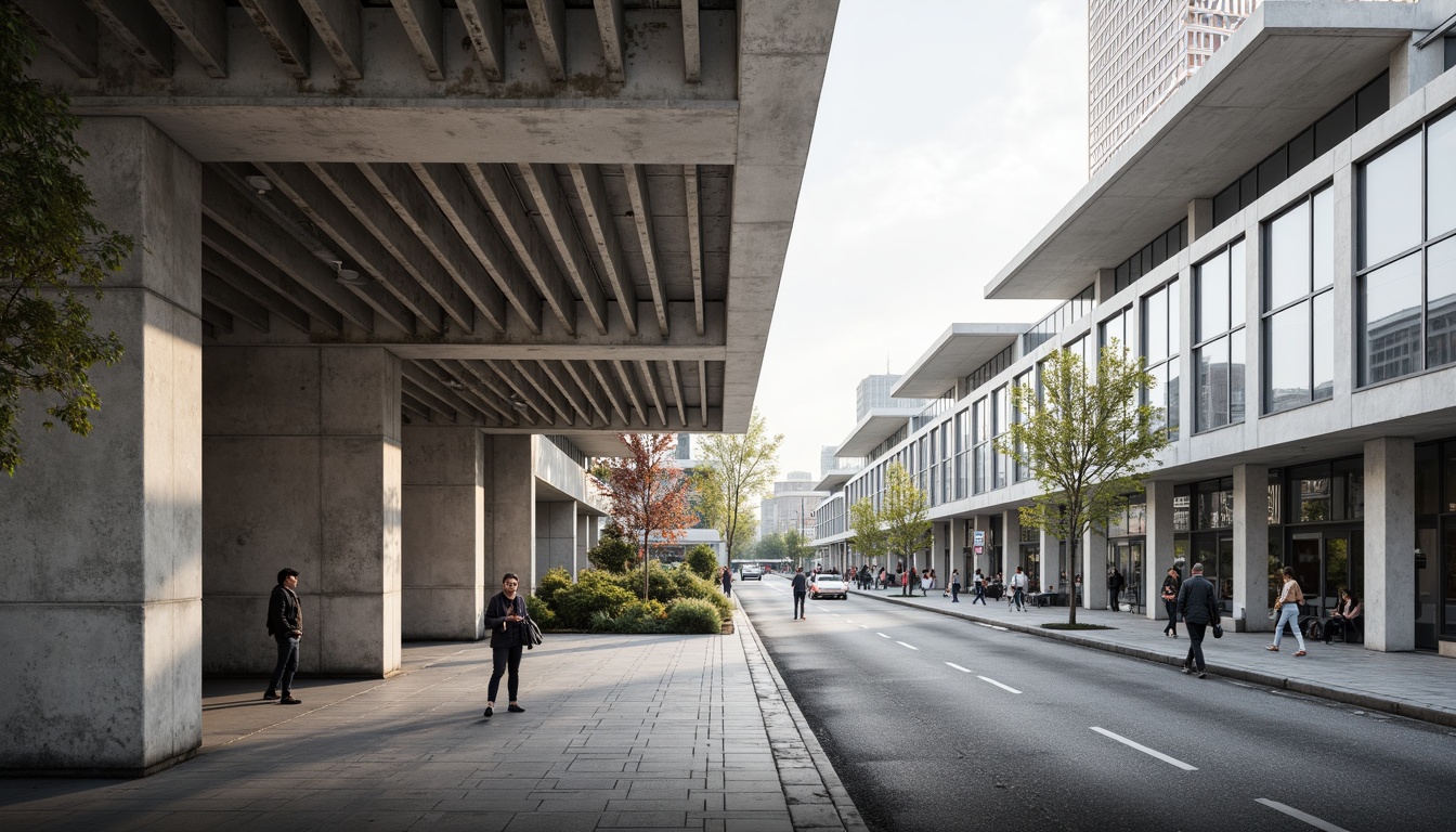 Prompt: Raw concrete structures, exposed ductwork, functionalist design, urban bus terminals, geometric shapes, rugged textures, industrial materials, metal beams, cantilevered roofs, angular columns, minimalist aesthetic, urban landscapes, busy streets, morning rush hour, soft natural lighting, shallow depth of field, 1/1 composition, realistic renderings, ambient occlusion.