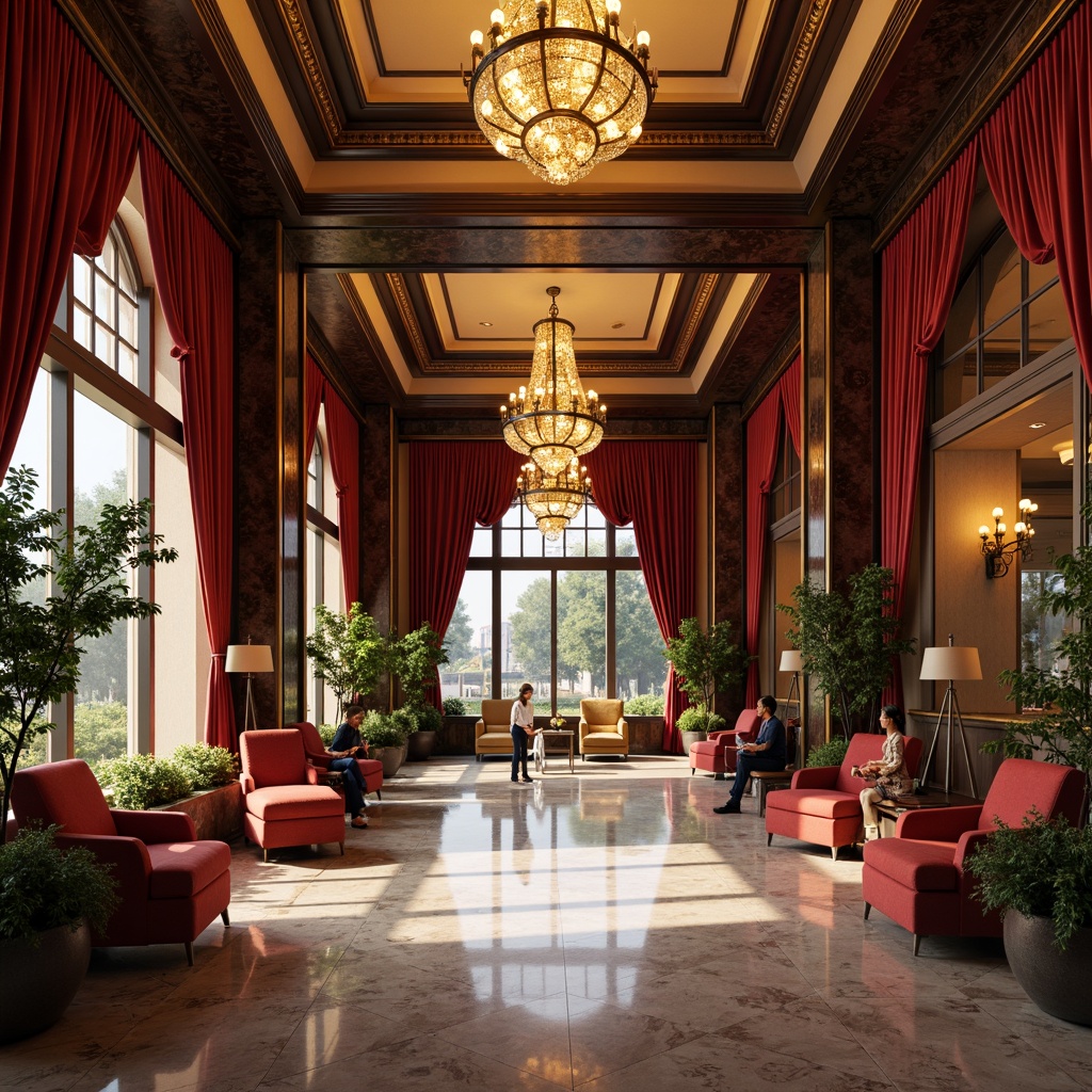 Prompt: Luxurious healthcare facility, ornate architectural details, rich jewel-toned colors, velvety textures, golden accents, grand chandeliers, marble floors, opulent furnishings, soft warm lighting, subtle shading, 3/4 composition, realistic reflections, ambient occlusion.