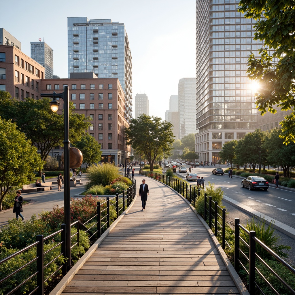 Prompt: Curved pedestrian bridge, sleek metal railings, wooden decking, lush greenery, vibrant flowers, natural stone pillars, modern architecture, urban cityscape, bustling streets, busy traffic, morning commute, soft warm lighting, shallow depth of field, 3/4 composition, panoramic view, realistic textures, ambient occlusion, gentle water features, walking paths, seating areas, street lamps, urban furniture, innovative materials, sustainable design.