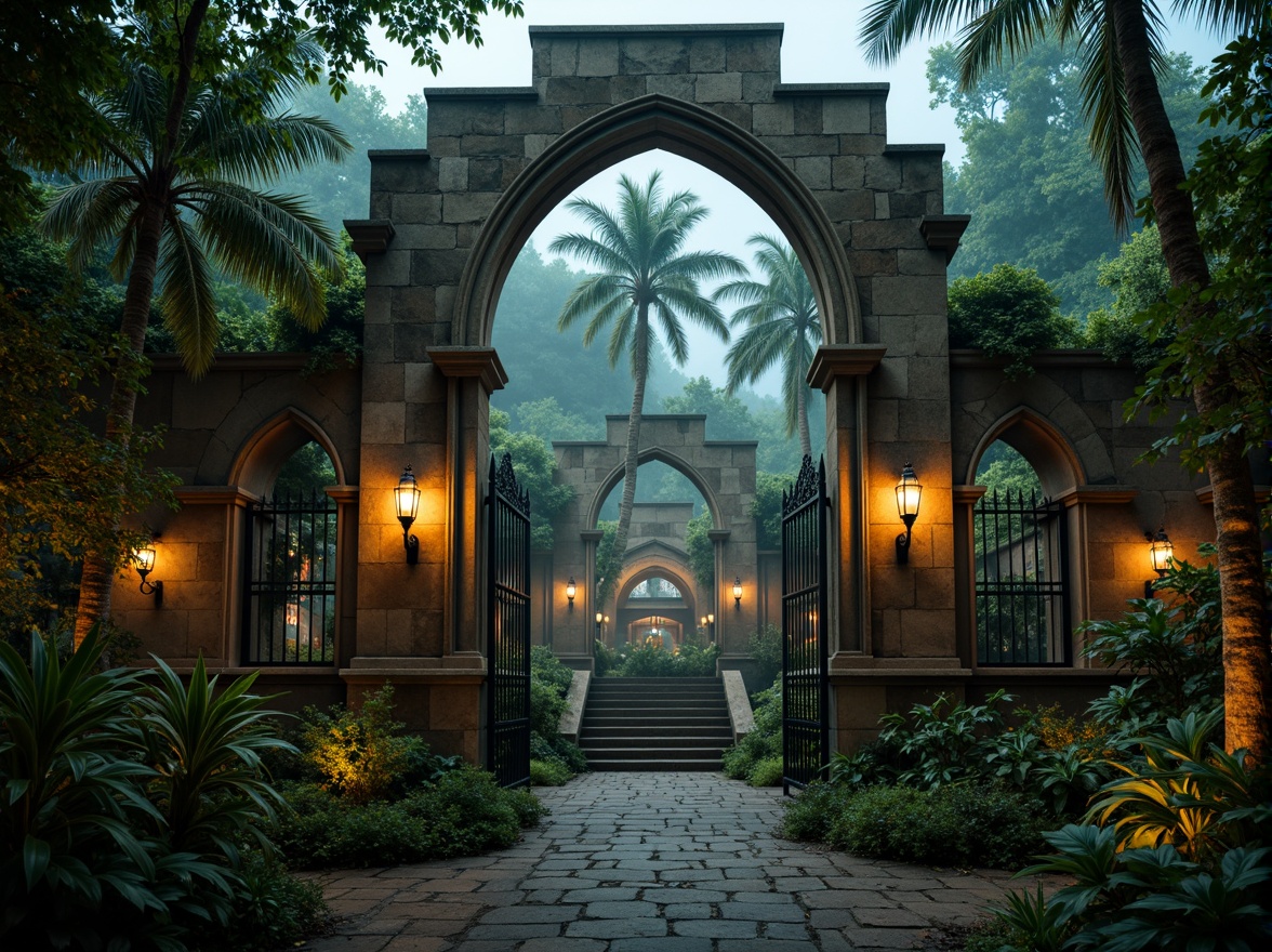 Prompt: Mysterious zoo entrance, Gothic arches, ornate stone carvings, lush greenery, tropical plants, exotic trees, misty atmosphere, warm golden lighting, foggy mist, eerie silence, abandoned ruins, overgrown vegetation, crumbling stone walls, intricate ironwork, grandiose staircases, Victorian-era inspiration, mysterious lanterns, flickering torches, dramatic shadows, cinematic composition, low-key lighting, atmospheric perspective.