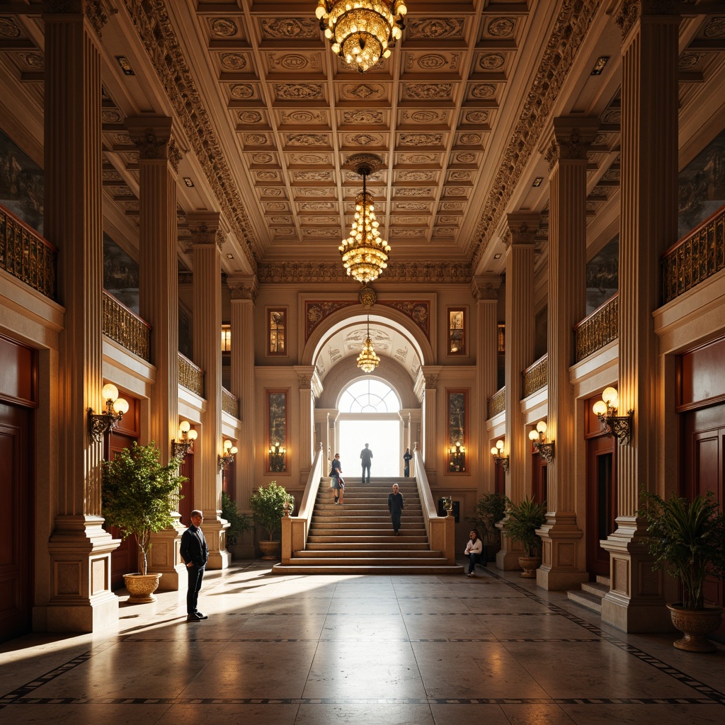 Prompt: Grandiose banking hall, neoclassical columns, ornate capitals, rusticated bases, polished marble floors, intricate moldings, symmetrical facade, grand staircase, regal chandeliers, luxurious furnishings, rich wood paneling, elegant archways, stately atmosphere, warm golden lighting, shallow depth of field, 1/1 composition, realistic textures, ambient occlusion.