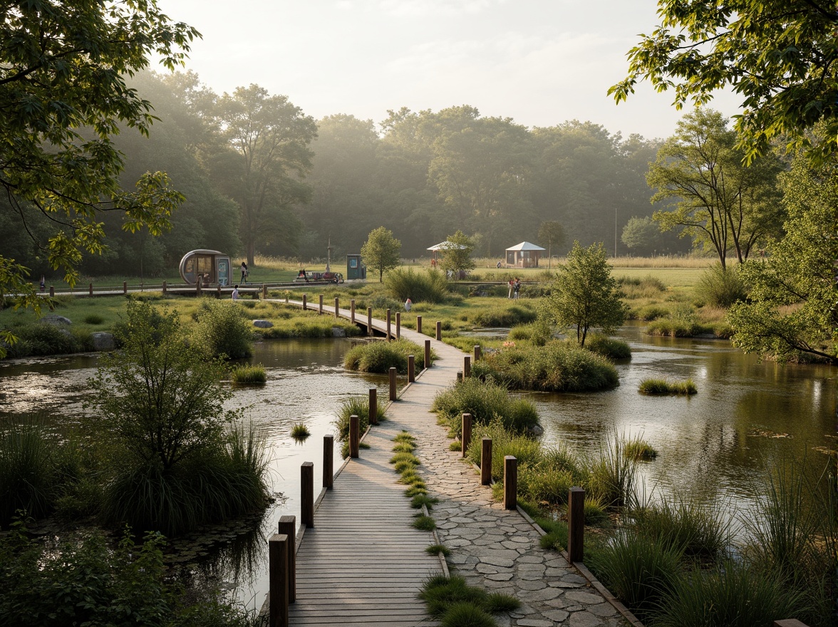 Prompt: Serene wetland landscape, lush vegetation, tranquil water features, meandering streams, riparian zones, native aquatic plants, wildlife habitats, wooden boardwalks, observation decks, birdwatching stations, interpretive signage, natural stone pathways, rustic wooden bridges, gentle misty atmosphere, soft warm lighting, shallow depth of field, 3/4 composition, panoramic view, realistic textures, ambient occlusion.