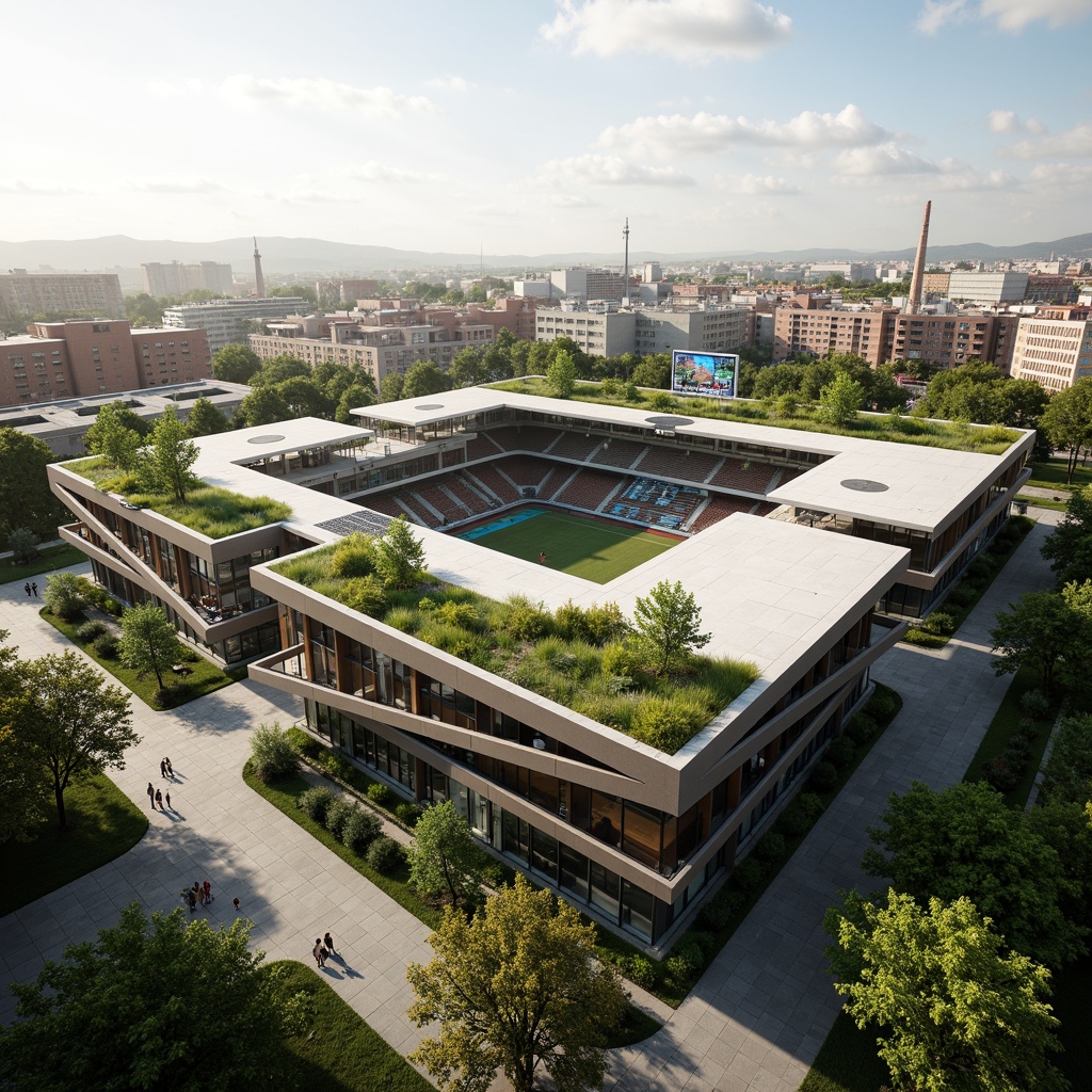 Prompt: Eco-friendly stadium, green roof, solar panels, rainwater harvesting system, recycled materials, energy-efficient LED lighting, natural ventilation systems, organic food waste composting, sustainable wood seating, living walls, urban agriculture integration, modern futuristic architecture, angular lines, minimalist design, large windows, glass facades, cantilevered roofs, panoramic views, soft warm lighting, shallow depth of field, 3/4 composition, realistic textures, ambient occlusion.