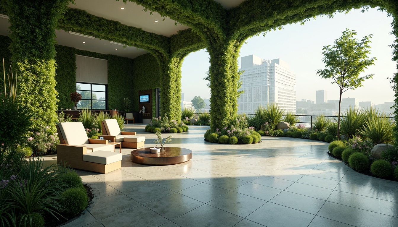 Prompt: Futuristic hospital, lush green walls, natural stone floors, abundant daylight, soft diffused lighting, organic shapes, curvaceous lines, minimalist decor, calming color palette, living trees, verdant gardens, rooftop terraces, panoramic city views, sleek metal accents, futuristic medical equipment, holographic displays, ambient soundscape, shallow depth of field, 3/4 composition, realistic textures, atmospheric fog, subtle animations.Let me know if you need any adjustments!