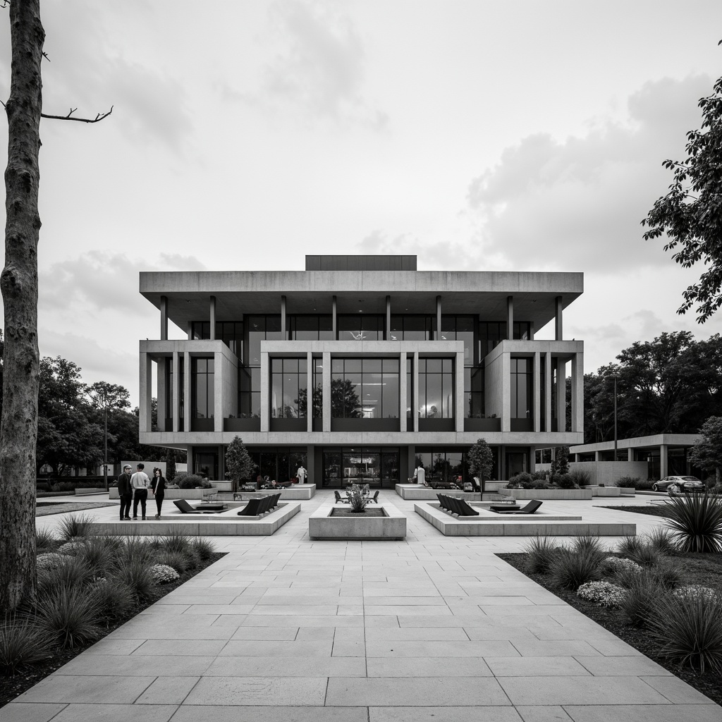 Prompt: Rational courthouse facade, asymmetrical architecture, clean lines, rectangular forms, industrial materials, exposed concrete, steel frames, minimalist landscaping, sparse greenery, geometric planting beds, ornamental grasses, modern outdoor furniture, cantilevered roofs, functional water features, abstract sculptures, brutalist-inspired hardscapes, monochromatic color scheme, high-contrast lighting, dramatic shadows, 2/3 composition, low-angle shot, realistic textures, ambient occlusion.