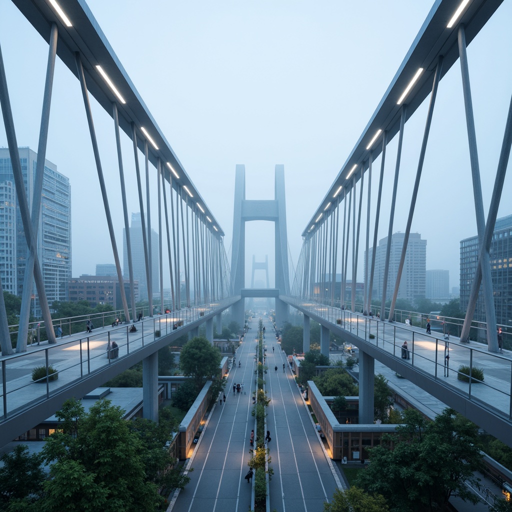 Prompt: Futuristic suspension bridge, sleek metallic beams, LED lighting strips, glass pedestrian walkways, modern urban landscape, bustling cityscape, misty morning atmosphere, soft blue mist, shallow depth of field, 3/4 composition, symmetrical architecture, geometric shapes, minimalist design, innovative engineering solutions, durable high-strength materials, safety railings, observation decks, panoramic views, realistic reflections, ambient occlusion.