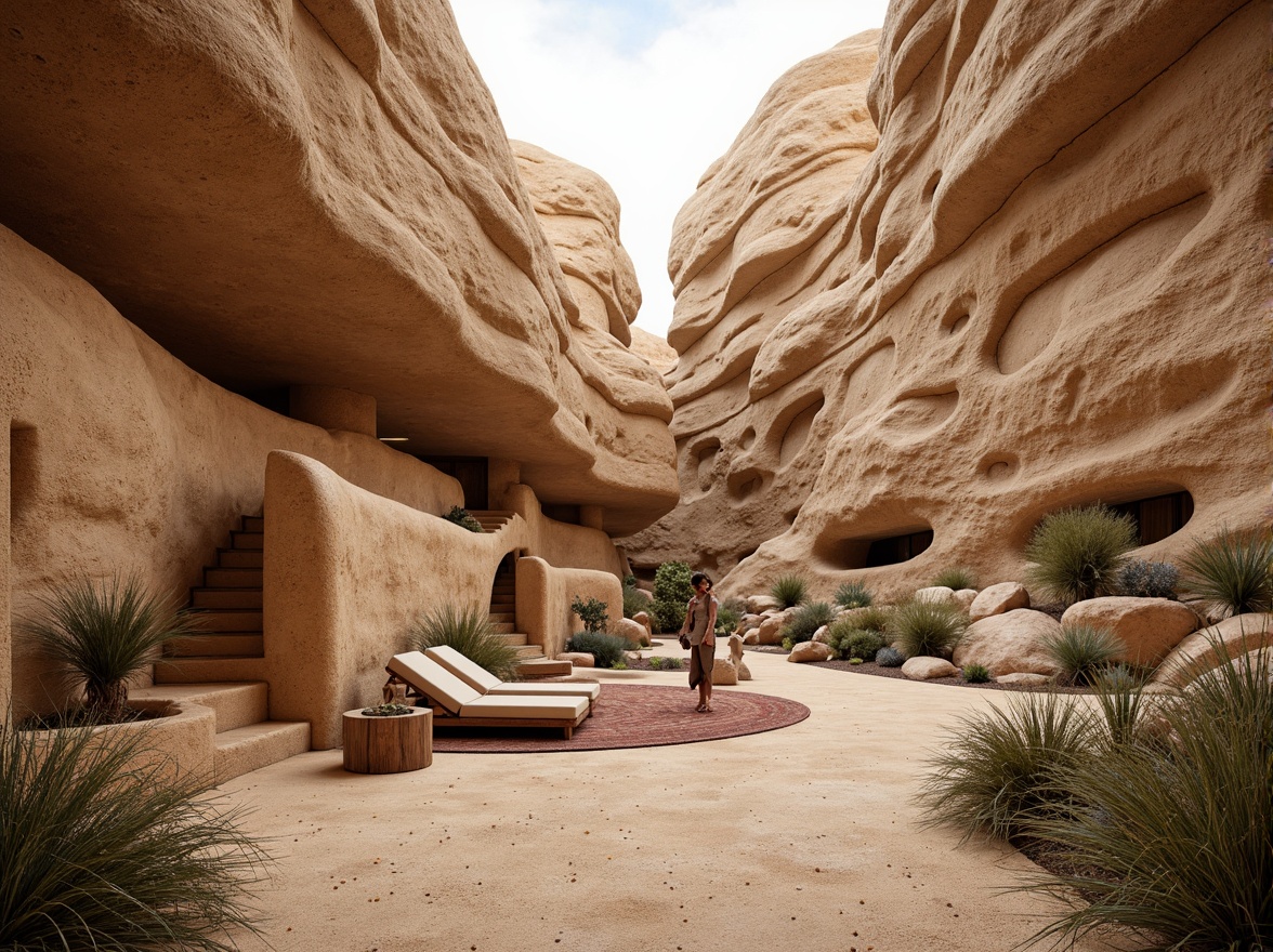 Prompt: Rugged canyon landscape, layered rock formations, sandy beige tones, natural stone walls, adobe-inspired architecture, curved lines, earthy color palette, rustic wooden accents, woven textiles, tribal patterns, warm golden lighting, shallow depth of field, 1/2 composition, cinematic view, realistic rock textures, ambient occlusion, modern southwestern style, eco-friendly materials, innovative ventilation systems, shaded outdoor spaces, misting systems.