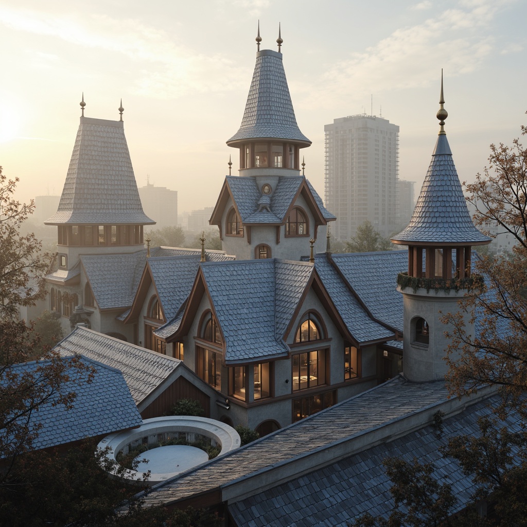 Prompt: Unique roof turrets, grandiose architectural details, ornate cornices, elegant finials, steeply pitched roofs, multi-angled fa\u00e7ades, dramatic overhanging eaves, intricate stonework patterns, rustic wooden shingles, snow-covered rooftops, morning misty atmosphere, soft warm lighting, shallow depth of field, 1/1 composition, realistic textures, ambient occlusion.