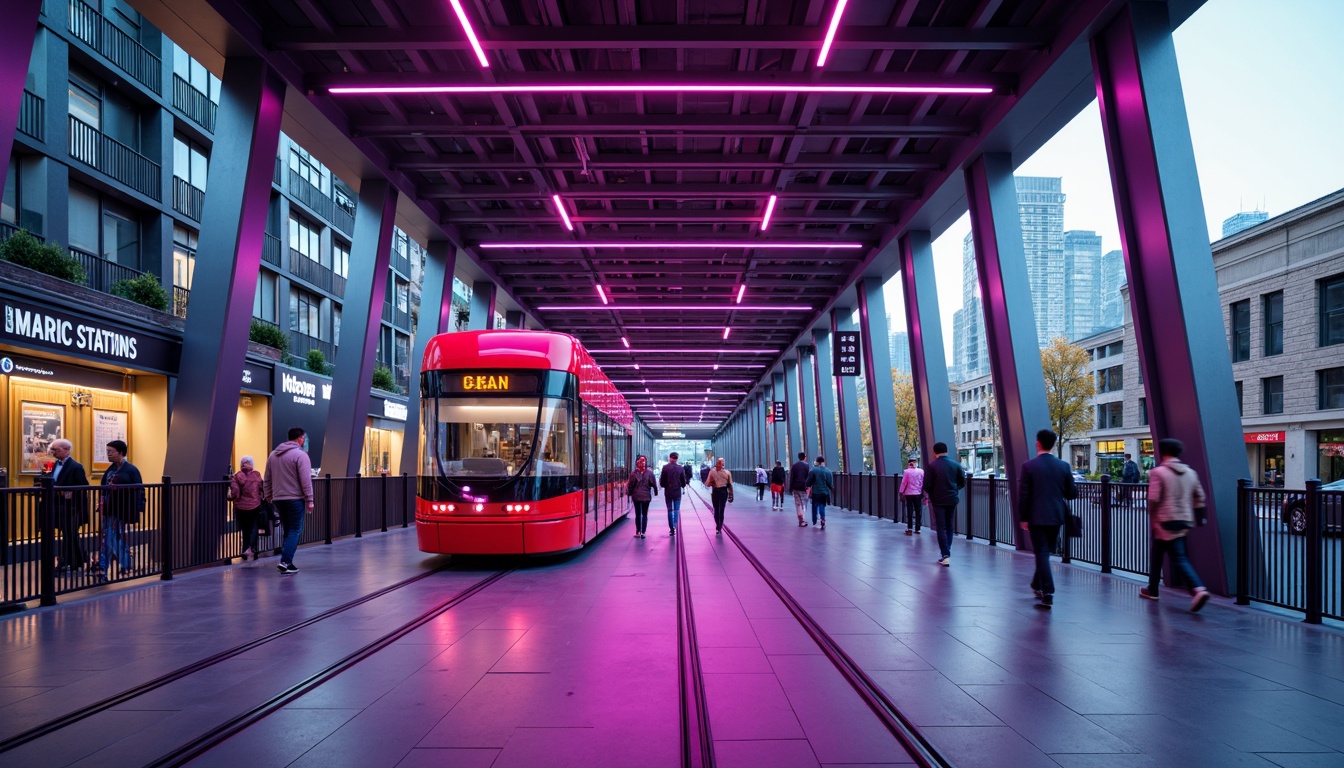 Prompt: Vibrant tram station, modern architectural design, bright LED lighting, sleek metal columns, industrial-style flooring, urban cityscape, busy pedestrian traffic, futuristic atmosphere, bold color scheme, contrasting hues, neon signs, dynamic visual effects, shallow depth of field, 1/1 composition, realistic textures, ambient occlusion.