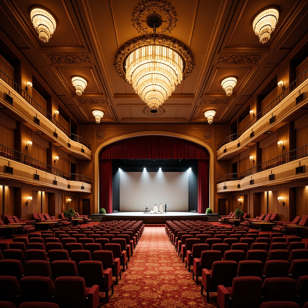 Prompt: Grand auditorium, curved seating arrangement, elevated stage, proscenium arch, ornate chandeliers, velvet curtains, wooden paneling, acoustic soundproofing, tiered balconies, luxurious VIP areas, wheelchair accessibility ramps, inclined floor plan, central aisle, dramatic spotlighting, warm golden lighting, shallow depth of field, 2/3 composition, symmetrical architecture, opulent interior design, intricate moldings, plush carpeting.