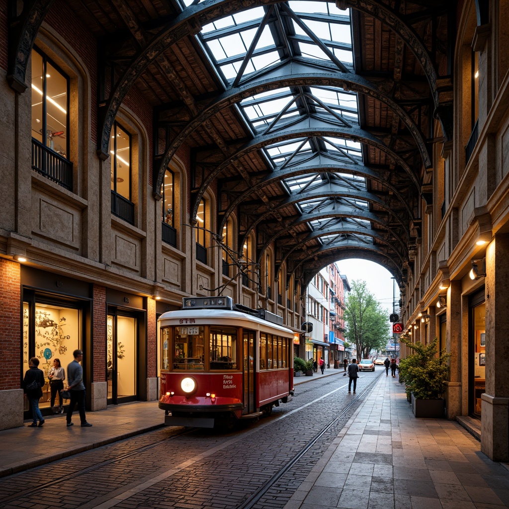 Prompt: Rustic tram station, exposed brick walls, stone facades, industrial-style metal beams, concrete floors, modern LED lighting, urban cityscape, busy streets, pedestrian traffic, vibrant street art, intricate masonry patterns, geometric tile work, ornate architectural details, historical preservation, cultural heritage, warm natural lighting, shallow depth of field, 2/3 composition, realistic textures, ambient occlusion.