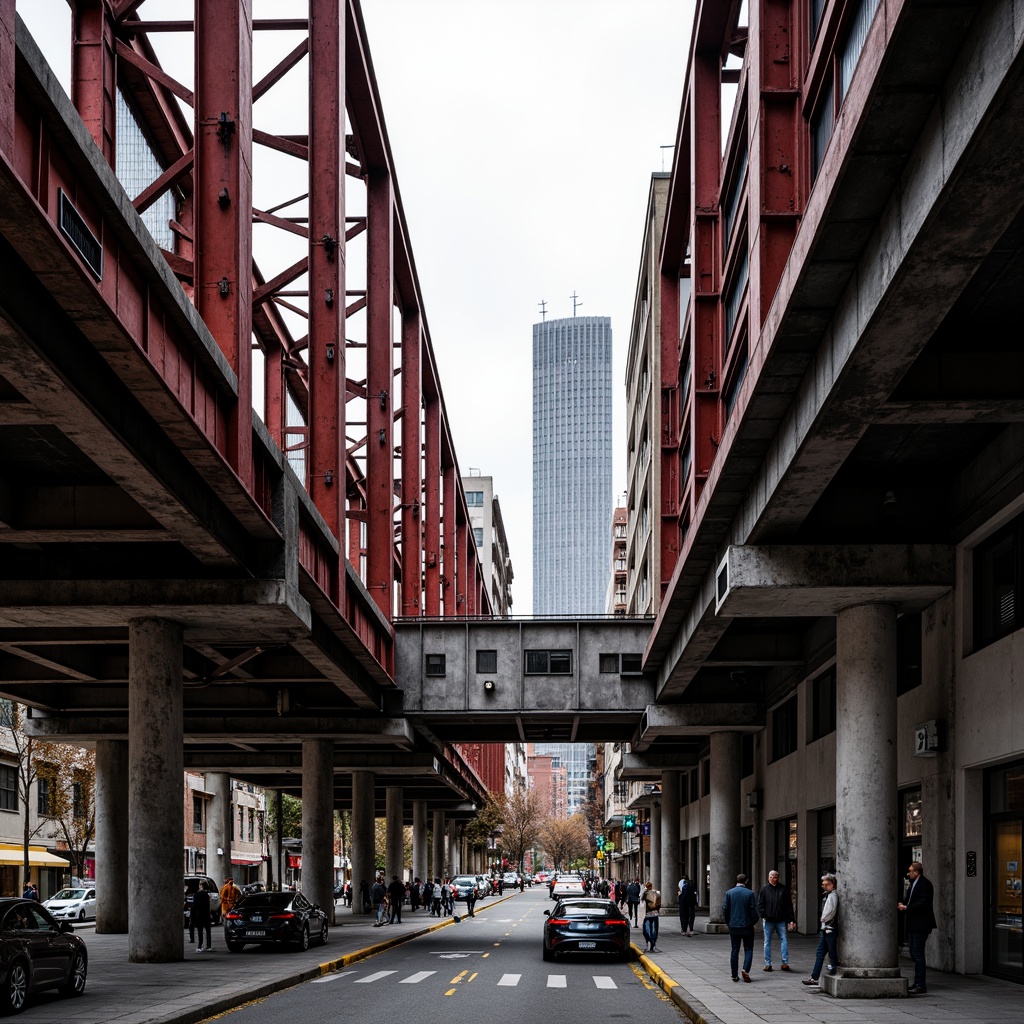 Prompt: Industrial steel bridges, bold geometric shapes, monochromatic color scheme, primary colors, contrasting textures, metallic materials, urban cityscape, busy streets, dynamic movement, fast-paced atmosphere, low-key lighting, high-contrast shadows, abstract composition, fragmented forms, diagonal lines, avant-garde architecture, brutalist structures, exposed ductwork, functional design, utilitarian aesthetic, raw concrete surfaces, industrial chic atmosphere.