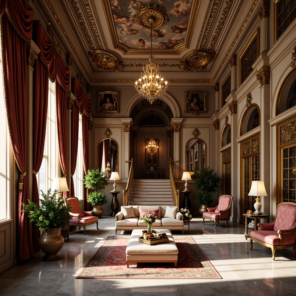 Prompt: Ornate chandeliers, lavish furnishings, intricate carvings, gilded mirrors, rich velvet drapes, ornamental plasterwork, grandiose staircases, luxurious marble floors, decorative frescoes, opulent tapestries, regal thrones, baroque patterns, golden accents, soft warm lighting, dramatic shadows, 1/1 composition, realistic textures, ambient occlusion.