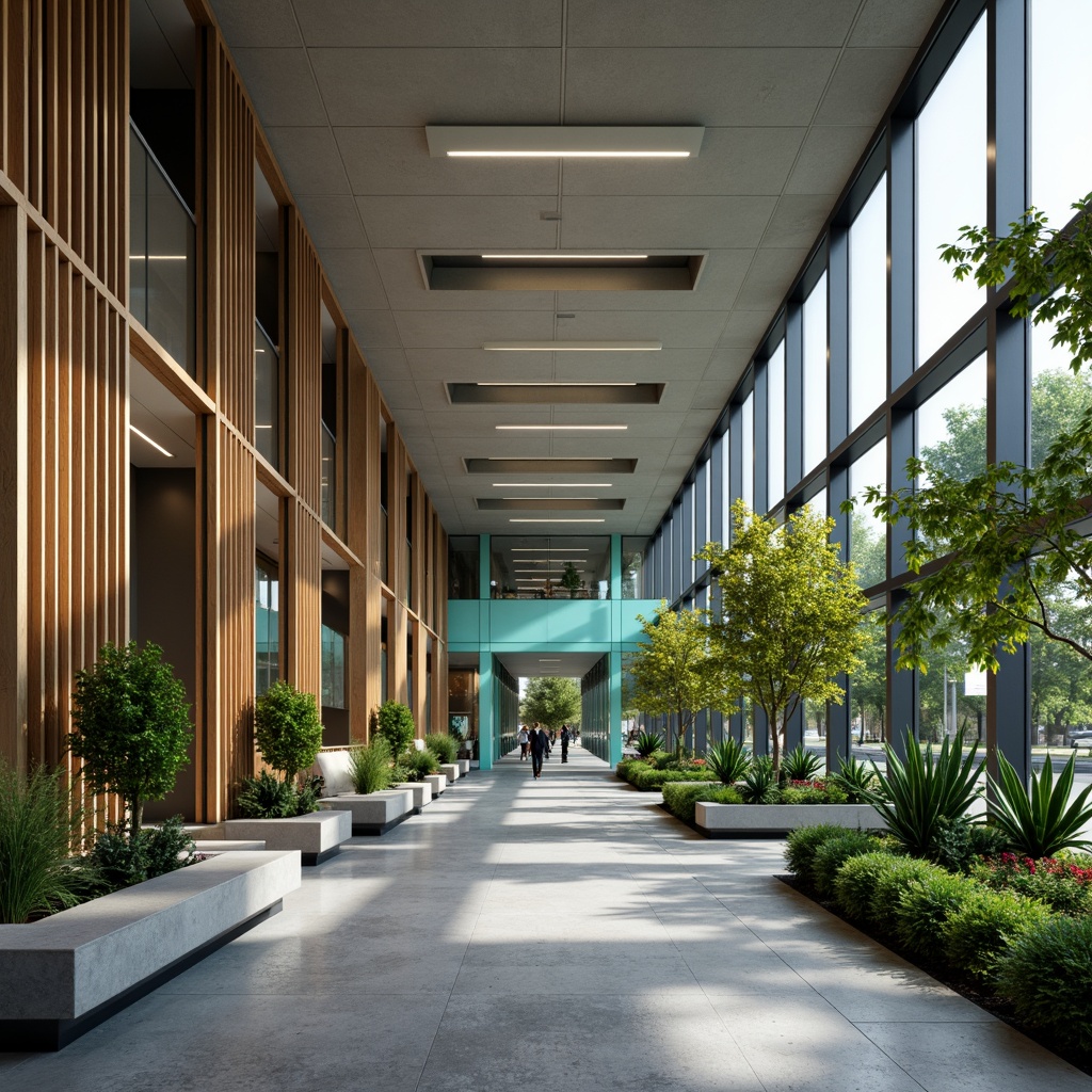 Prompt: Modern office building, sleek glass fa\u00e7ade, neutral beige walls, rich wood accents, calming greenery, vibrant turquoise pops, industrial metal tones, sophisticated gray flooring, ambient warm lighting, shallow depth of field, 1/1 composition, realistic textures, subtle gradient effects.