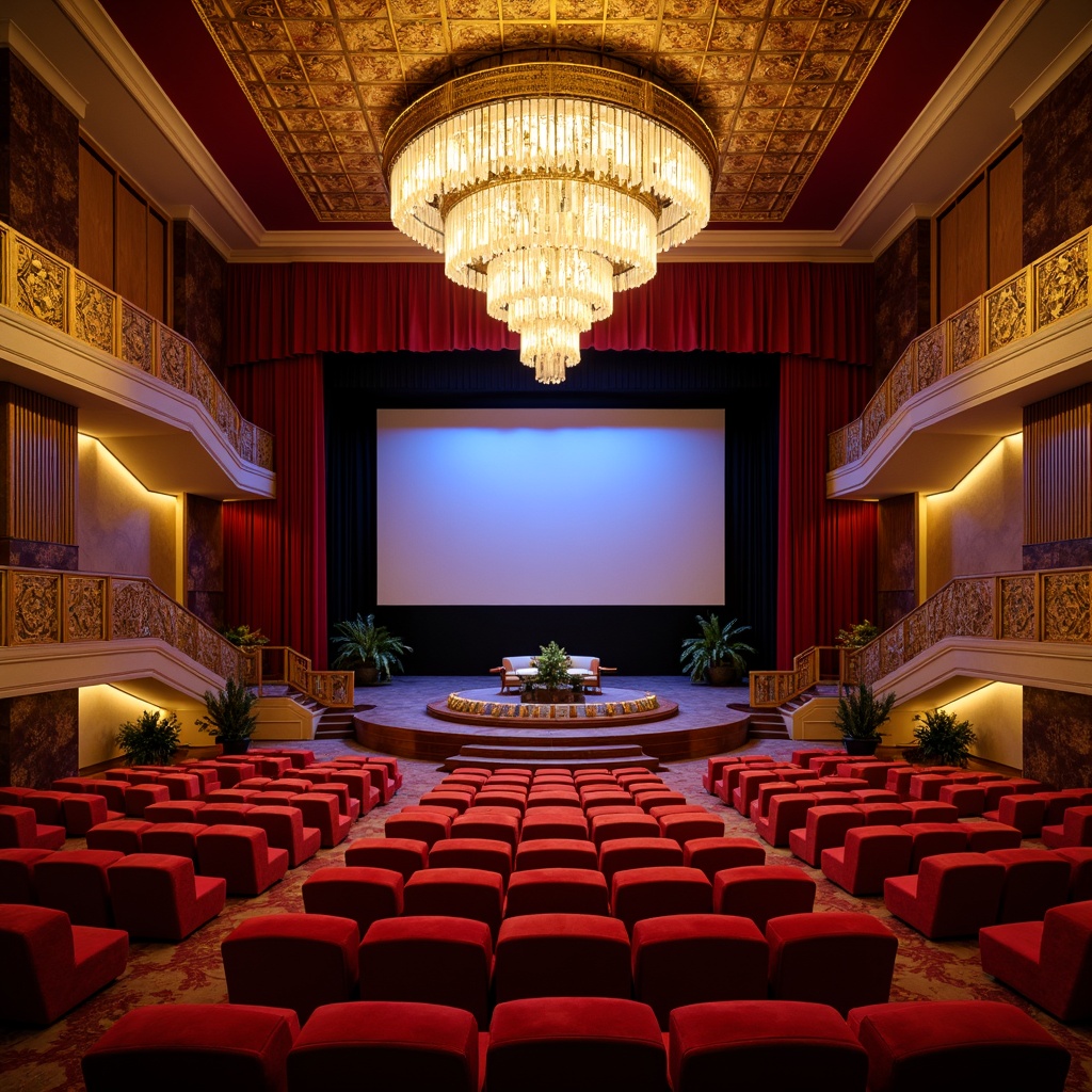 Prompt: Contemporary theater interior, plush red velvet seats, ornate golden details, sweeping grand staircase, luxurious VIP lounge, crystal chandelier, rich wood paneling, soft warm lighting, shallow depth of field, 3/4 composition, panoramic view, realistic textures, ambient occlusion, immersive audio equipment, state-of-the-art projection technology, cinematic screen, comfortable tiered seating, intimate stage setting, dramatic spotlights, vibrant colorful accents.