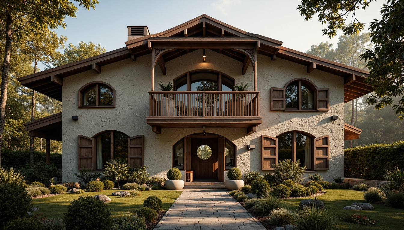 Prompt: Rustic villa facade, weathered stone walls, wooden accents, ornate metalwork, curved lines, asymmetrical composition, earthy color palette, natural textures, lush greenery, overhanging eaves, triangular roof shapes, ornamental chimneys, decorative trims, warm golden lighting, soft focus, shallow depth of field, 1/2 composition, intimate atmosphere, cozy ambiance, traditional craftsmanship, nostalgic feel, secluded surroundings, forest backdrop, misty morning.